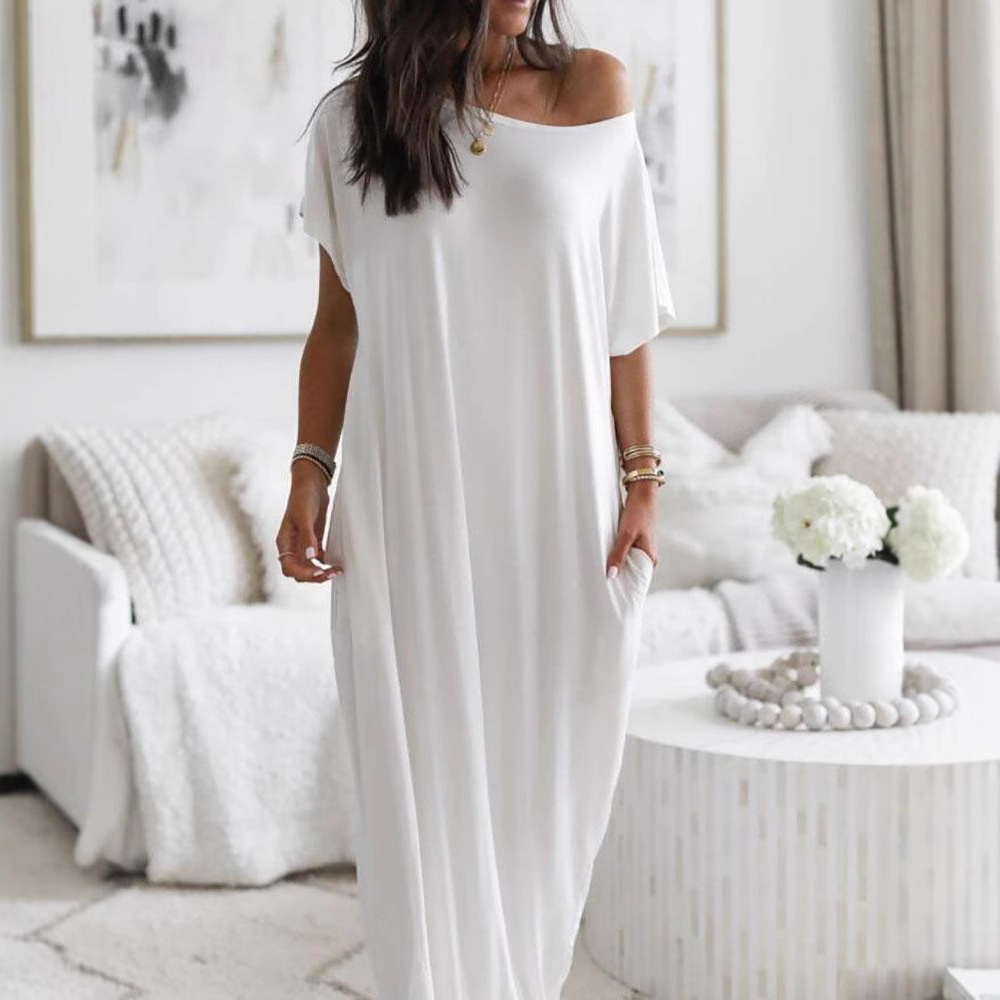 ⚡Blitzangebot 👍 Damen-Loungewear-Kleid mit Fledermausärmeln in Unifarbe, bequemes Kurzarm-Nachthemd für den Alltag, Damen-Nachtwäsche für alle Jahreszeiten 
