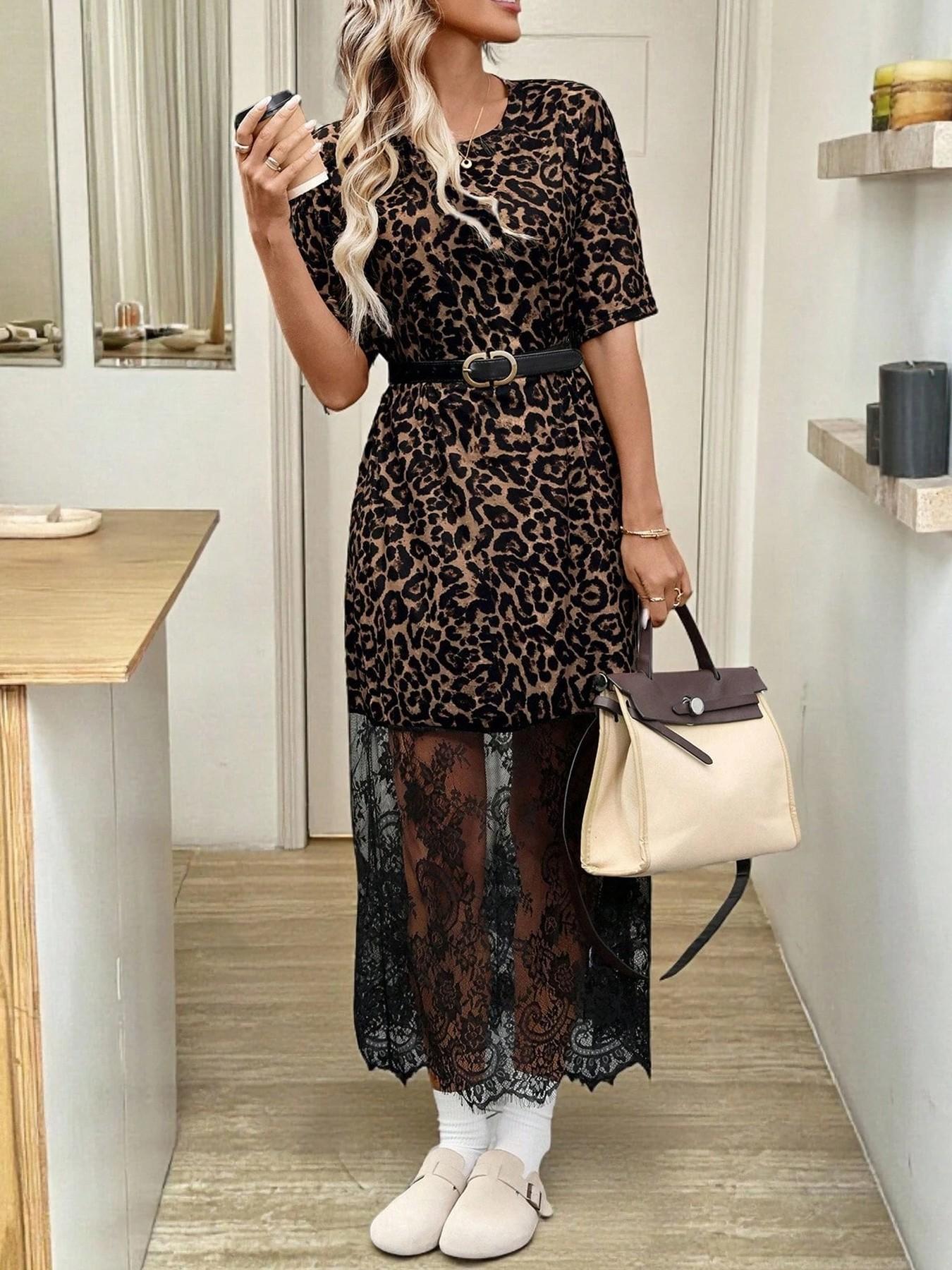 🔥 Bestseller | Schwarzes Oversize-Maxikleid im T-Shirt-Stil für Damen mit transparentem Spitzensaum, überschnittenen Schultern und kurzen Ärmeln 