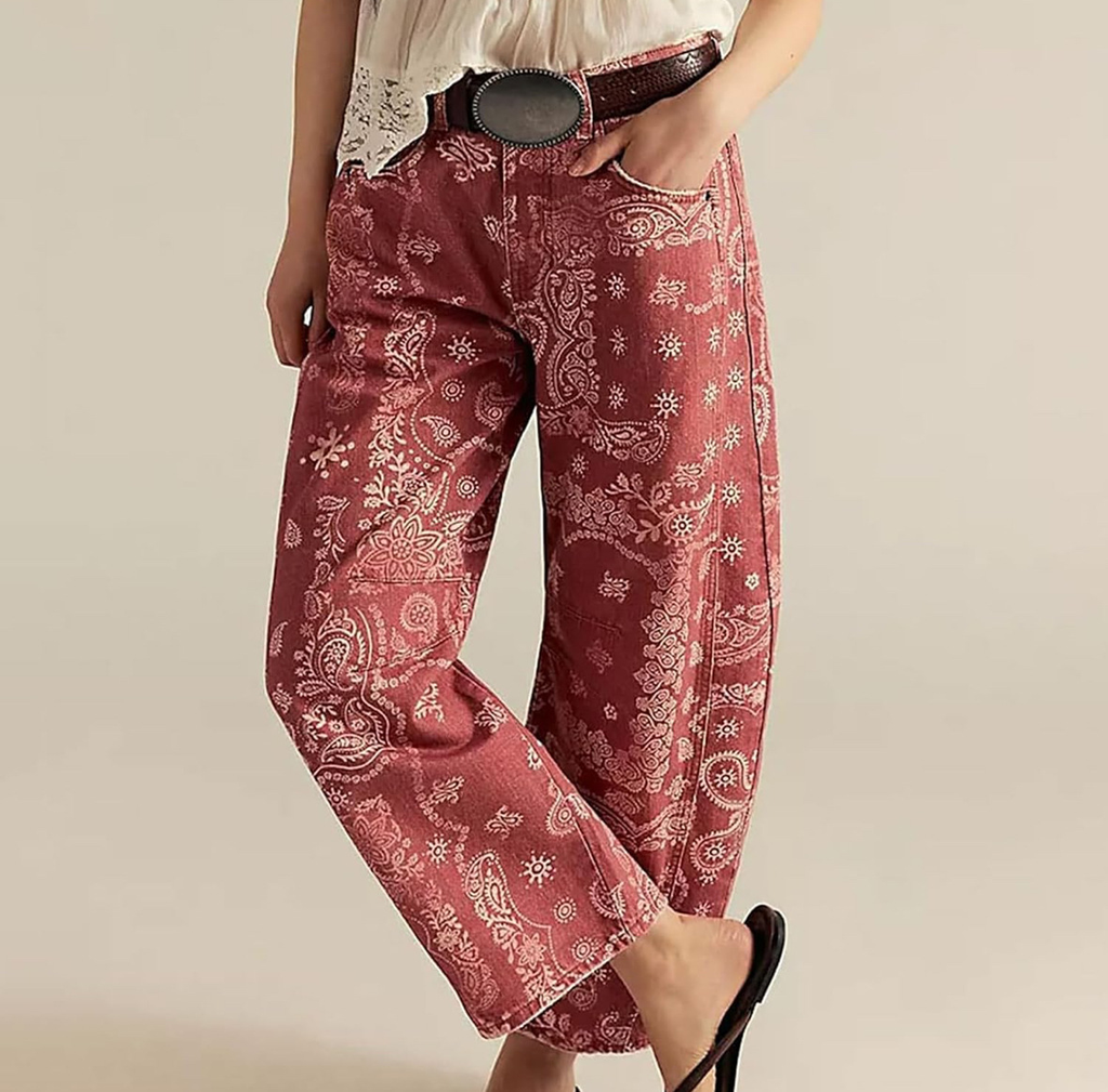 ⚡Blitzverkauf: CHOUYATOU Damen Boho Jeans mit Blumenmuster – Zartrosa, Y2K weiter Schnitt, Mid-Rise Denimhose