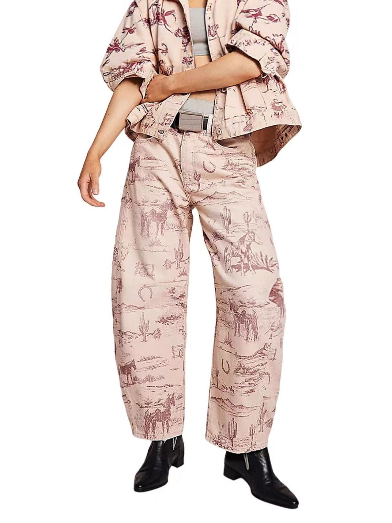 ⚡Blitzverkauf: CHOUYATOU Damen Boho Jeans mit Blumenmuster – Zartrosa, Y2K weiter Schnitt, Mid-Rise Denimhose