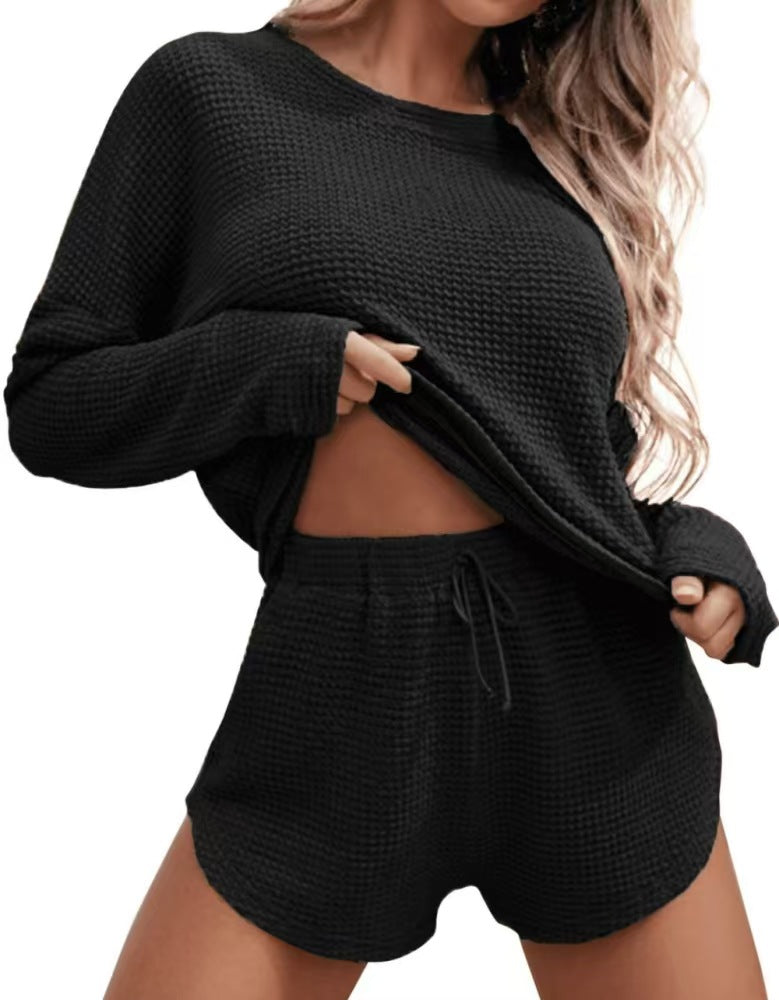 🔥 Bestseller | Zweiteiliges Damen-Outfit: Strickoberteil mit schulterfreiem Oberteil und Shorts, perfekt abgestimmter Anzug, süßes Pyjama-Set 