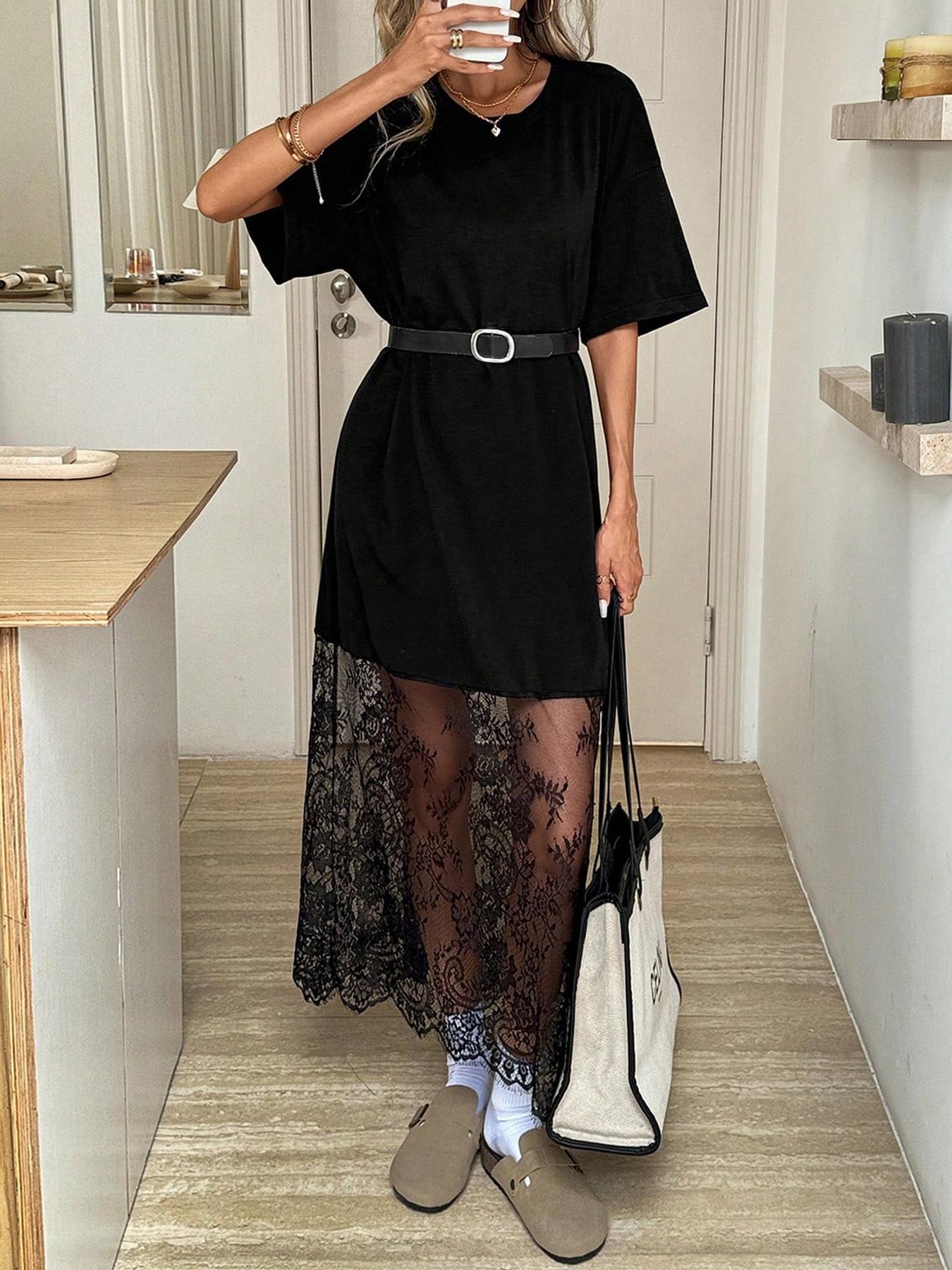 🔥 Bestseller | Schwarzes Oversize-Maxikleid im T-Shirt-Stil für Damen mit transparentem Spitzensaum, überschnittenen Schultern und kurzen Ärmeln 