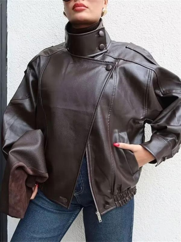 Motorradjacke aus Kunstleder mit Stehkragen, Oversized, elastischer Saum, Streetwear, lässige, wasser- und windabweisende Langarm-Oberbekleidung für Frühling und Herbst, Damenbekleidung für den Alltag, schicke Oberbekleidung