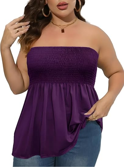 ⚡Blitzangebot 👍 Plus Size, einfarbiges, trägerloses Top mit Rüschensaum und Raffungen im Boho-Chic-Stil, Damenoberteil, lässiges, ärmelloses, schwarzes Top 