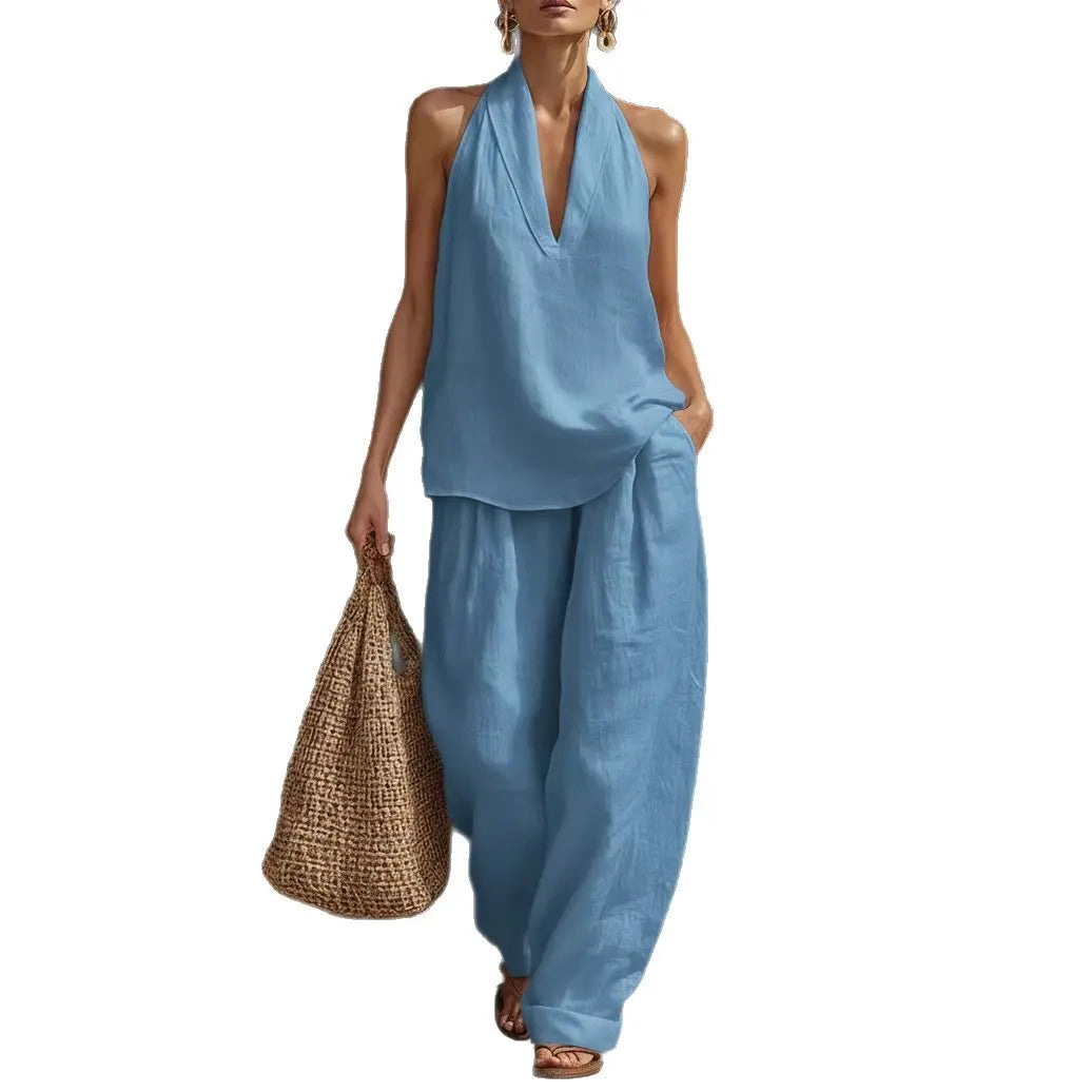 Boho Leinen Zweiteiler – Perfekt für Strand, Urlaub & Brunch! Neckholder Ärmelloses Top Weite Hose Set #Zweiteiler #LeinenSet #WeiteHose #Neckholder #Sommeroutfit #BohoMode #Freizeitkleidung #OutfitOfTheDay #Damenmode