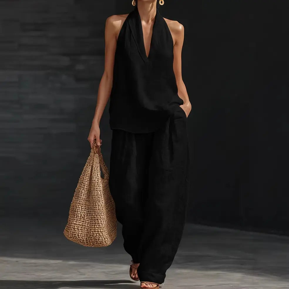 Boho Leinen Zweiteiler – Perfekt für Strand, Urlaub & Brunch! Neckholder Ärmelloses Top Weite Hose Set #Zweiteiler #LeinenSet #WeiteHose #Neckholder #Sommeroutfit #BohoMode #Freizeitkleidung #OutfitOfTheDay #Damenmode