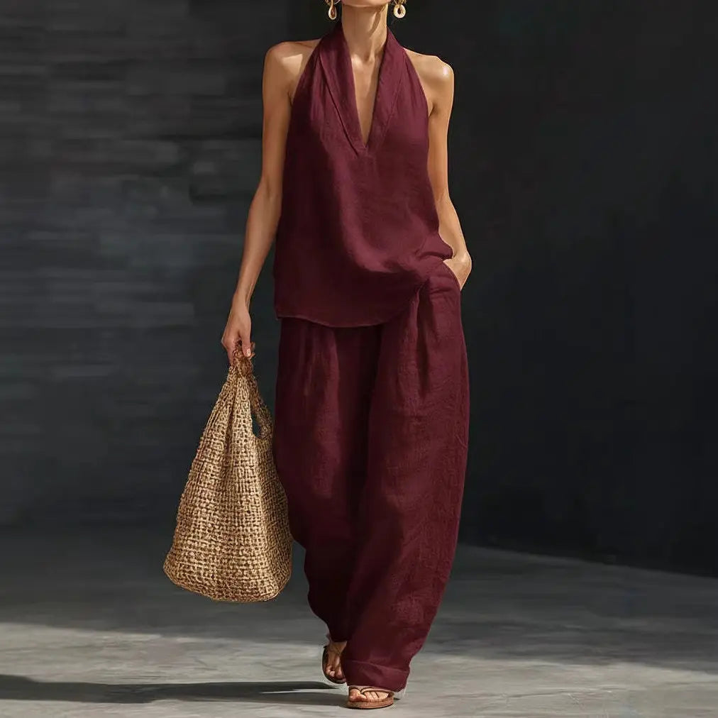 Boho Leinen Zweiteiler – Perfekt für Strand, Urlaub & Brunch! Neckholder Ärmelloses Top Weite Hose Set #Zweiteiler #LeinenSet #WeiteHose #Neckholder #Sommeroutfit #BohoMode #Freizeitkleidung #OutfitOfTheDay #Damenmode
