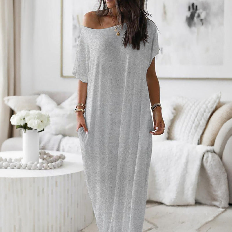 ⚡Blitzangebot 👍 Damen-Loungewear-Kleid mit Fledermausärmeln in Unifarbe, bequemes Kurzarm-Nachthemd für den Alltag, Damen-Nachtwäsche für alle Jahreszeiten 