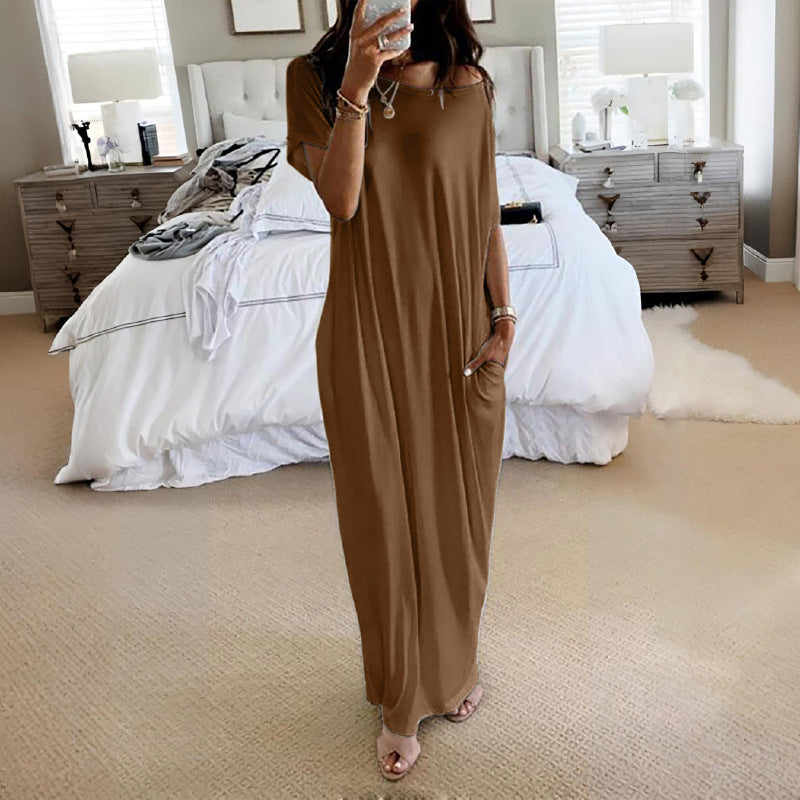 ⚡Blitzangebot 👍 Damen-Loungewear-Kleid mit Fledermausärmeln in Unifarbe, bequemes Kurzarm-Nachthemd für den Alltag, Damen-Nachtwäsche für alle Jahreszeiten 