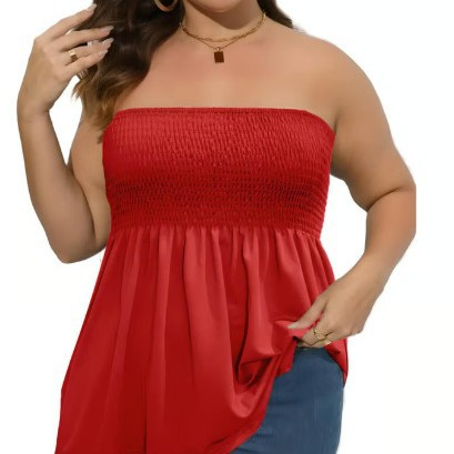 ⚡Blitzangebot 👍 Plus Size, einfarbiges, trägerloses Top mit Rüschensaum und Raffungen im Boho-Chic-Stil, Damenoberteil, lässiges, ärmelloses, schwarzes Top 