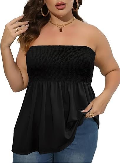 ⚡Blitzangebot 👍 Plus Size, einfarbiges, trägerloses Top mit Rüschensaum und Raffungen im Boho-Chic-Stil, Damenoberteil, lässiges, ärmelloses, schwarzes Top 
