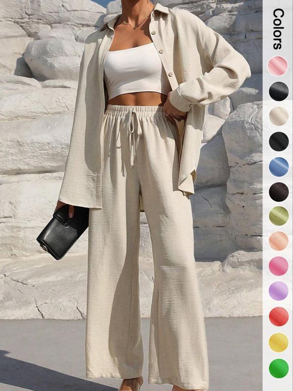 ⚡Nur noch wenige Exemplare verfügbar | Zweiteiliges Damen-Set: Hemd mit Knopfleiste und Hose mit weitem Bein zum Binden vorne – perfekt für Frühling und Herbst 