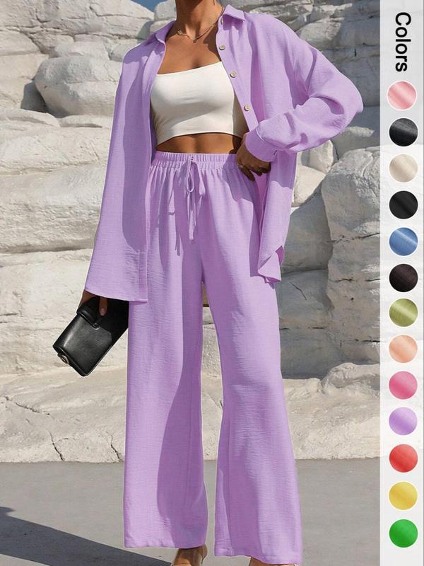 ⚡Nur noch wenige Exemplare verfügbar | Zweiteiliges Damen-Set: Hemd mit Knopfleiste und Hose mit weitem Bein zum Binden vorne – perfekt für Frühling und Herbst 