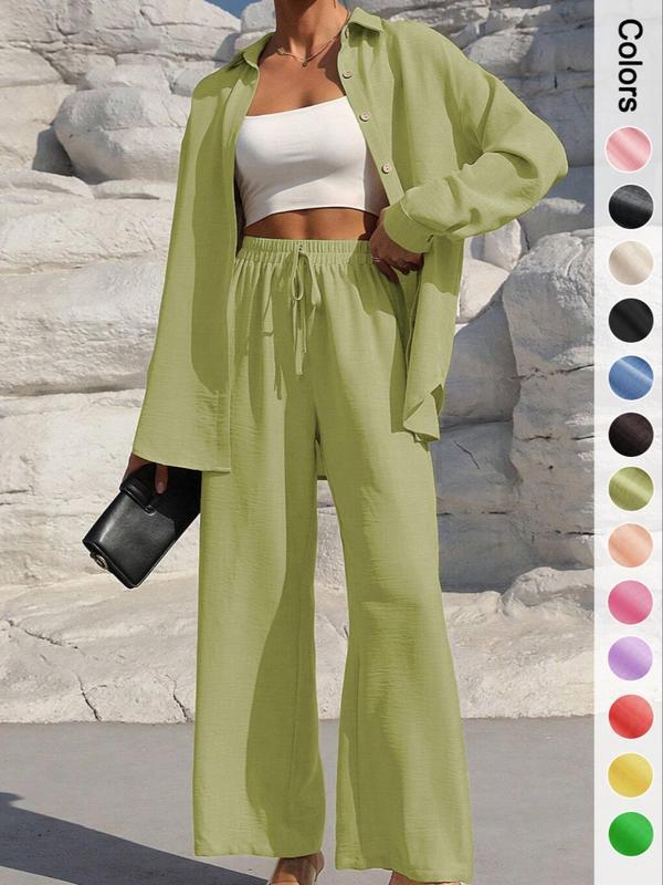 ⚡Nur noch wenige Exemplare verfügbar | Zweiteiliges Damen-Set: Hemd mit Knopfleiste und Hose mit weitem Bein zum Binden vorne – perfekt für Frühling und Herbst 