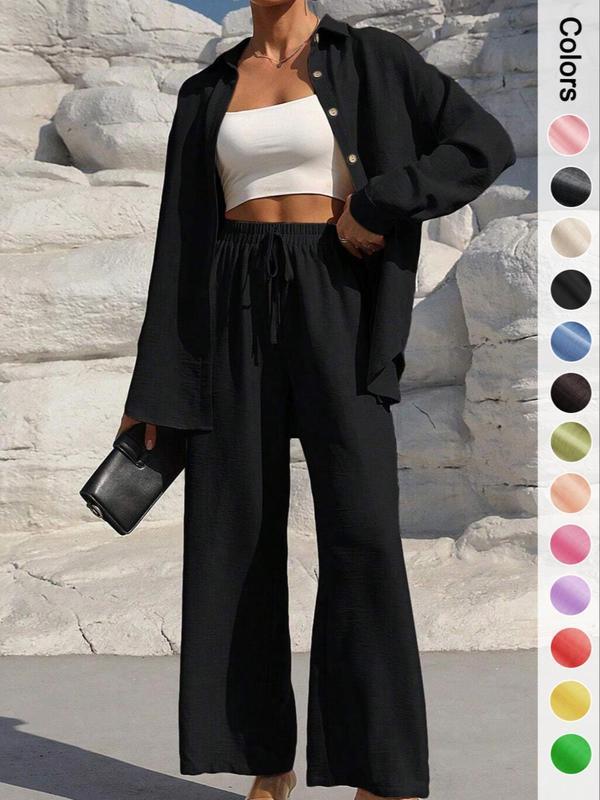 ⚡Nur noch wenige Exemplare verfügbar | Zweiteiliges Damen-Set: Hemd mit Knopfleiste und Hose mit weitem Bein zum Binden vorne – perfekt für Frühling und Herbst 