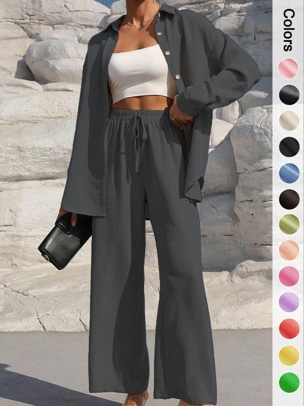 ⚡Nur noch wenige Exemplare verfügbar | Zweiteiliges Damen-Set: Hemd mit Knopfleiste und Hose mit weitem Bein zum Binden vorne – perfekt für Frühling und Herbst 