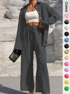 ⚡Nur noch wenige Exemplare verfügbar | Zweiteiliges Damen-Set: Hemd mit Knopfleiste und Hose mit weitem Bein zum Binden vorne – perfekt für Frühling und Herbst 