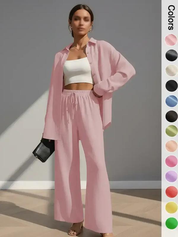 ⚡Nur noch wenige Exemplare verfügbar | Zweiteiliges Damen-Set: Hemd mit Knopfleiste und Hose mit weitem Bein zum Binden vorne – perfekt für Frühling und Herbst 