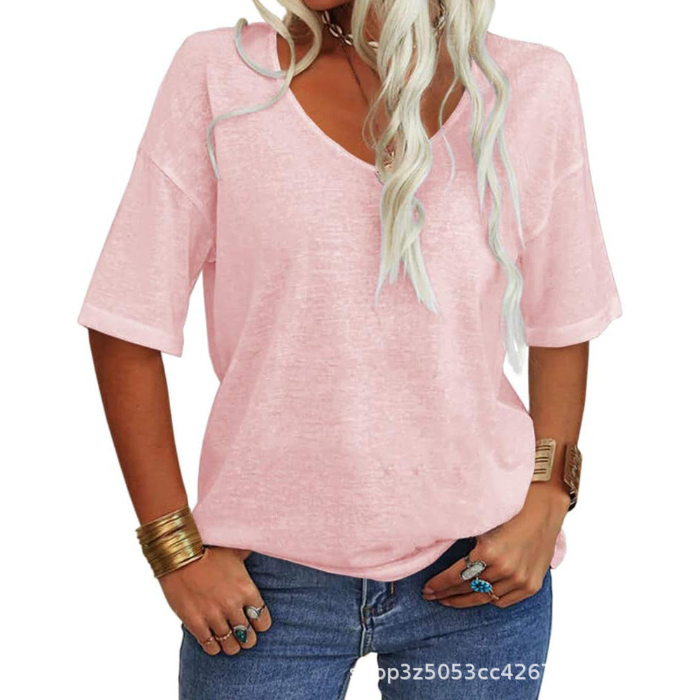 🔥 Bestseller | Weiches Damen-T-Shirt mit V-Ausschnitt, halben Ärmeln, leicht, einfarbig, lockere Passform, minimalistisches Design, lässig, bequem, schlichte Damenbekleidung