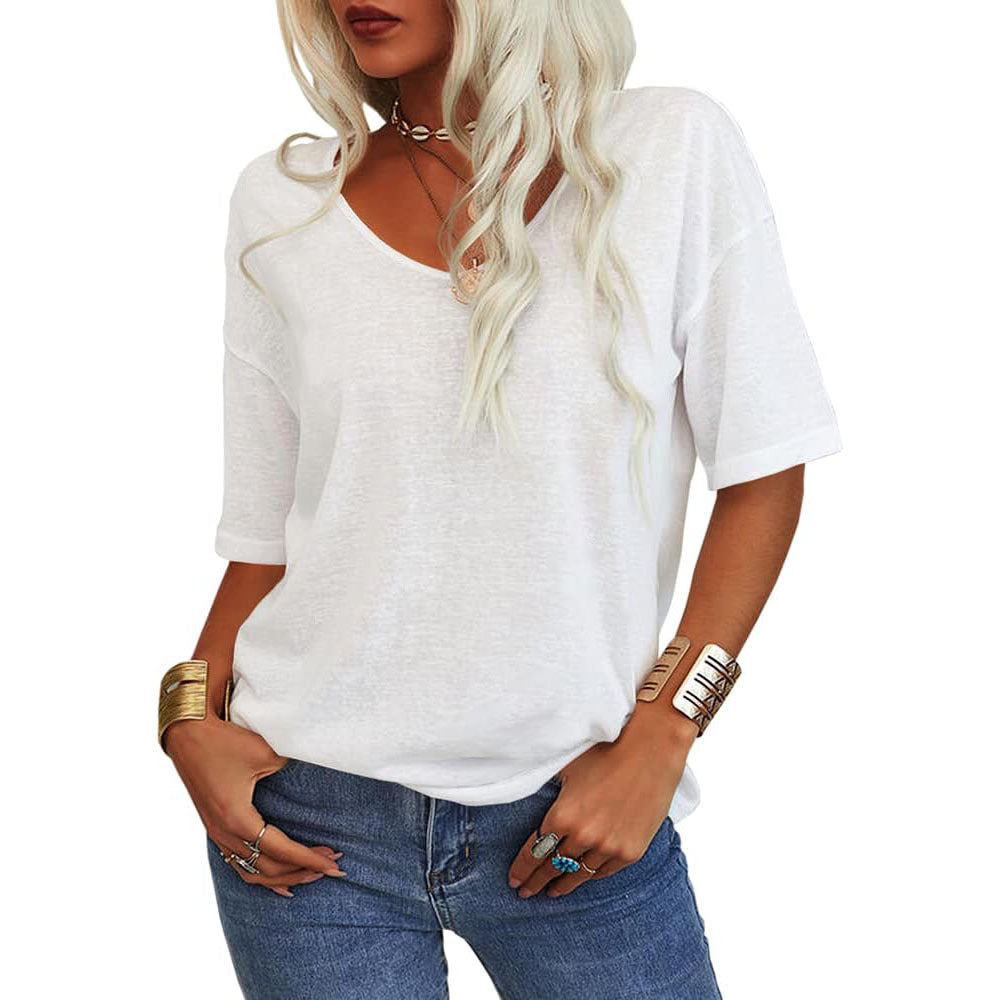 🔥 Bestseller | Weiches Damen-T-Shirt mit V-Ausschnitt, halben Ärmeln, leicht, einfarbig, lockere Passform, minimalistisches Design, lässig, bequem, schlichte Damenbekleidung