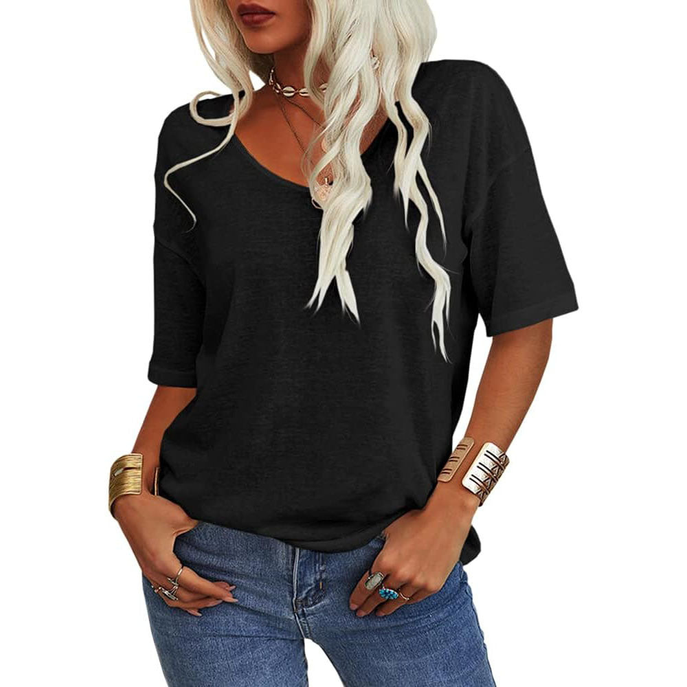 🔥 Bestseller | Weiches Damen-T-Shirt mit V-Ausschnitt, halben Ärmeln, leicht, einfarbig, lockere Passform, minimalistisches Design, lässig, bequem, schlichte Damenbekleidung