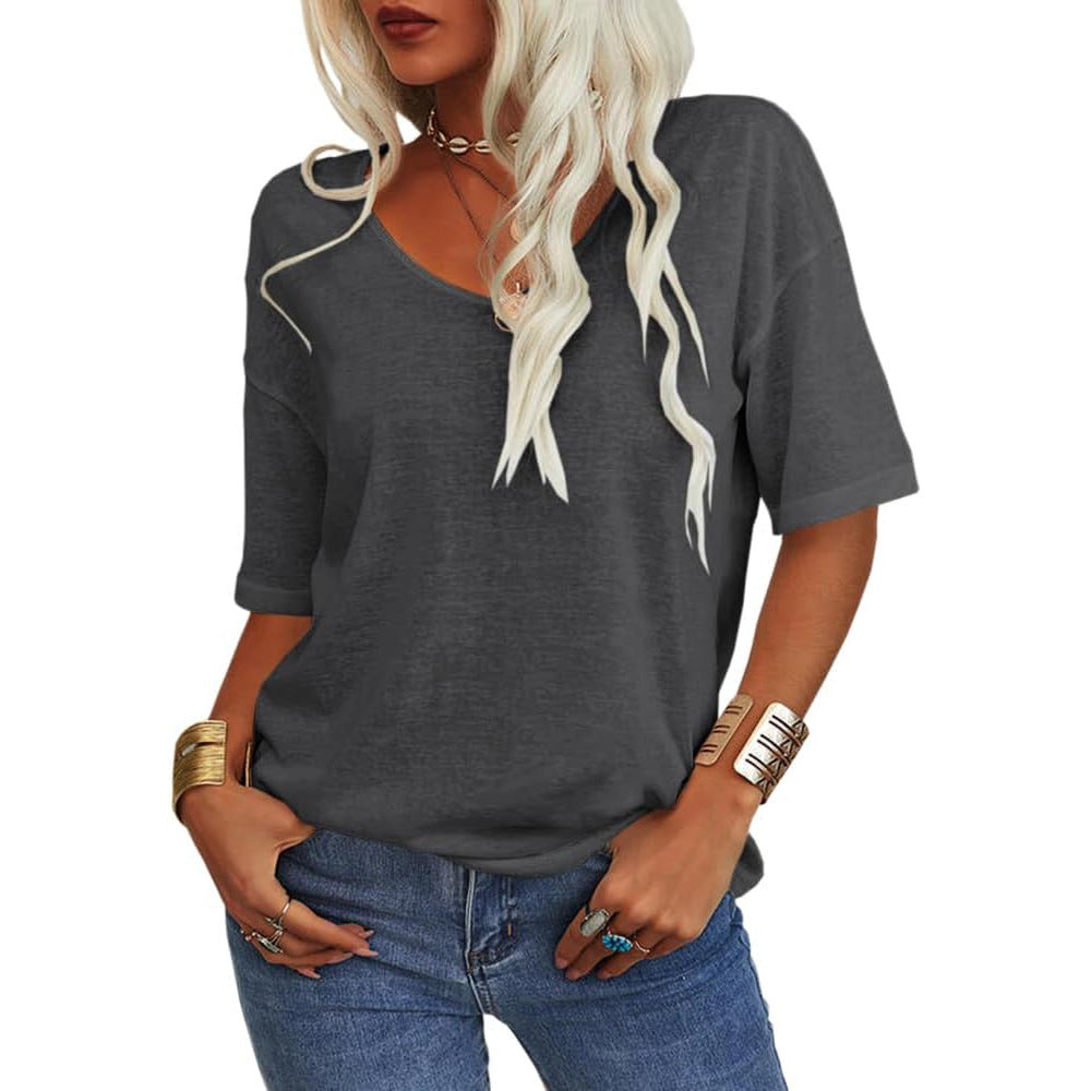 🔥 Bestseller | Weiches Damen-T-Shirt mit V-Ausschnitt, halben Ärmeln, leicht, einfarbig, lockere Passform, minimalistisches Design, lässig, bequem, schlichte Damenbekleidung