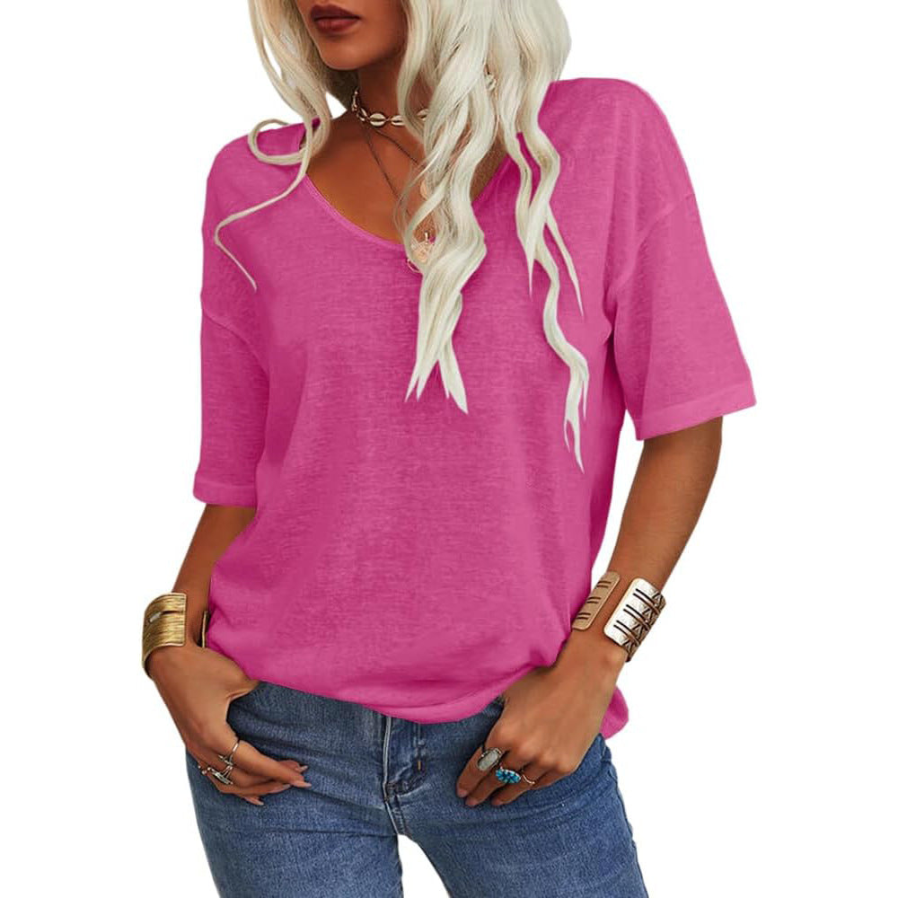 🔥 Bestseller | Weiches Damen-T-Shirt mit V-Ausschnitt, halben Ärmeln, leicht, einfarbig, lockere Passform, minimalistisches Design, lässig, bequem, schlichte Damenbekleidung