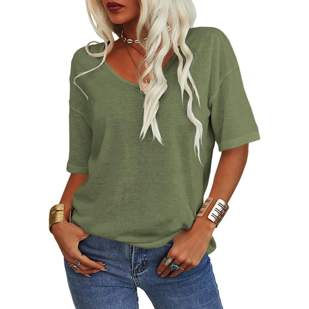 🔥 Bestseller | Weiches Damen-T-Shirt mit V-Ausschnitt, halben Ärmeln, leicht, einfarbig, lockere Passform, minimalistisches Design, lässig, bequem, schlichte Damenbekleidung