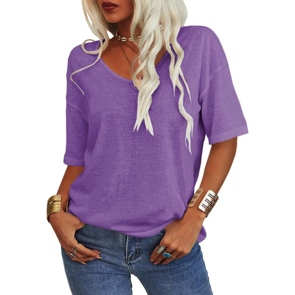 🔥 Bestseller | Weiches Damen-T-Shirt mit V-Ausschnitt, halben Ärmeln, leicht, einfarbig, lockere Passform, minimalistisches Design, lässig, bequem, schlichte Damenbekleidung