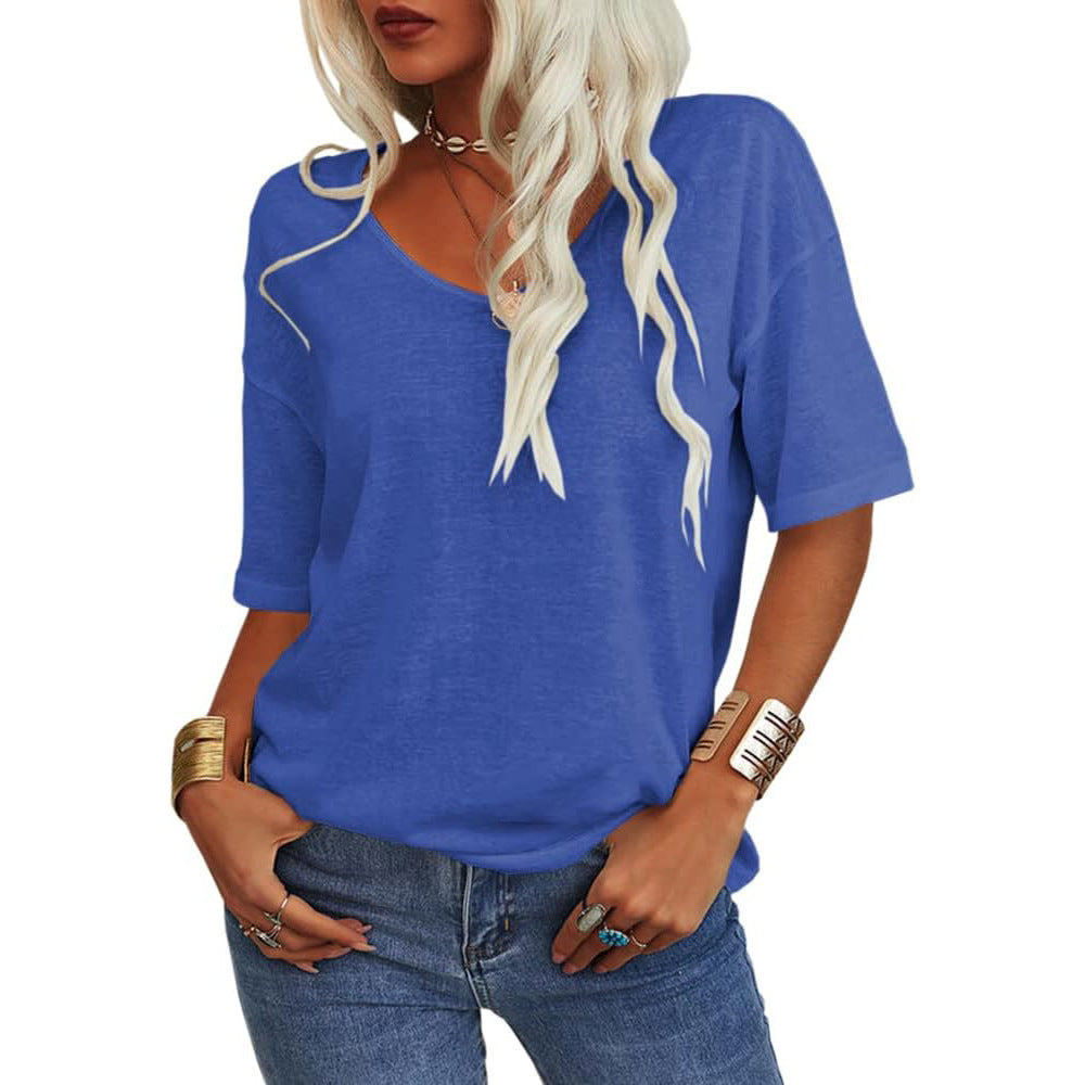 🔥 Bestseller | Weiches Damen-T-Shirt mit V-Ausschnitt, halben Ärmeln, leicht, einfarbig, lockere Passform, minimalistisches Design, lässig, bequem, schlichte Damenbekleidung