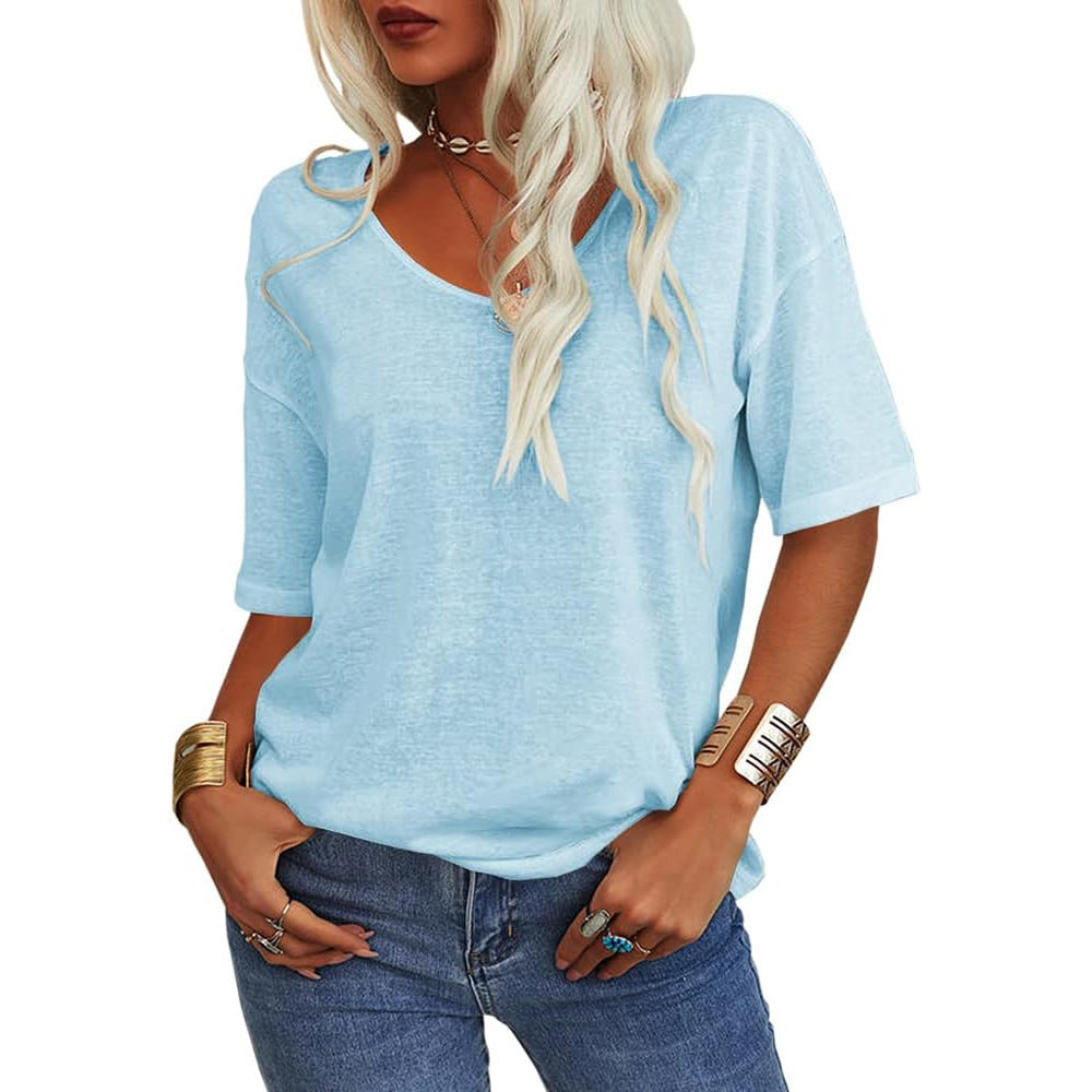 🔥 Bestseller | Weiches Damen-T-Shirt mit V-Ausschnitt, halben Ärmeln, leicht, einfarbig, lockere Passform, minimalistisches Design, lässig, bequem, schlichte Damenbekleidung