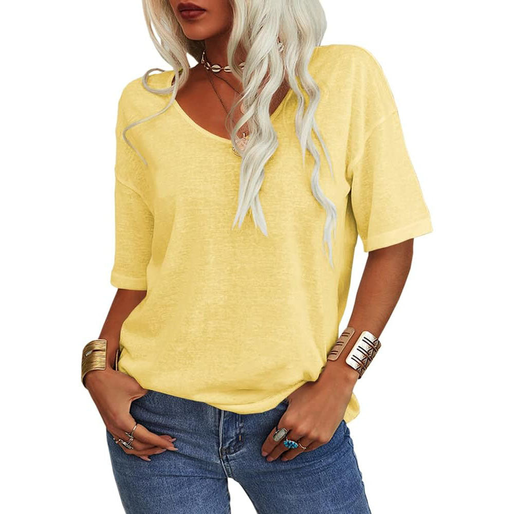 🔥 Bestseller | Weiches Damen-T-Shirt mit V-Ausschnitt, halben Ärmeln, leicht, einfarbig, lockere Passform, minimalistisches Design, lässig, bequem, schlichte Damenbekleidung